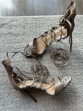 SCHUTZ Taupe Lace-Up Stiletto Sandals with Snakeskin Toe
